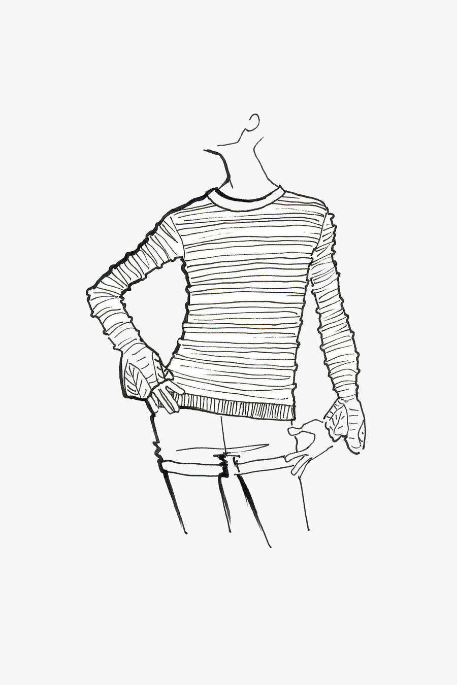 Wool Ruffled Sheer Long Sleeved Pullover with Boatneck - sketch