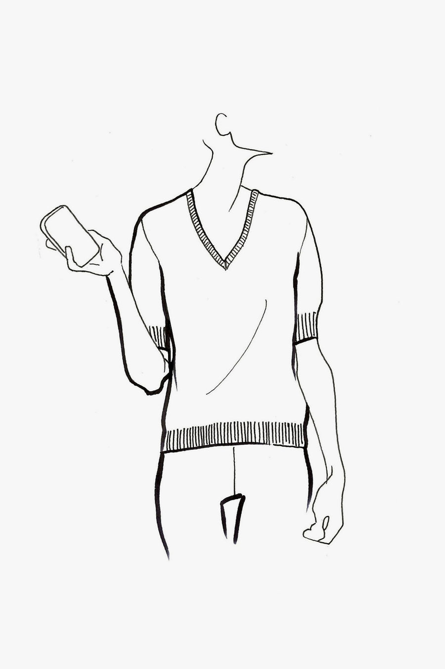 Wool and Silk Blend Pullover with Short Sleeves and V-Neck - sketch