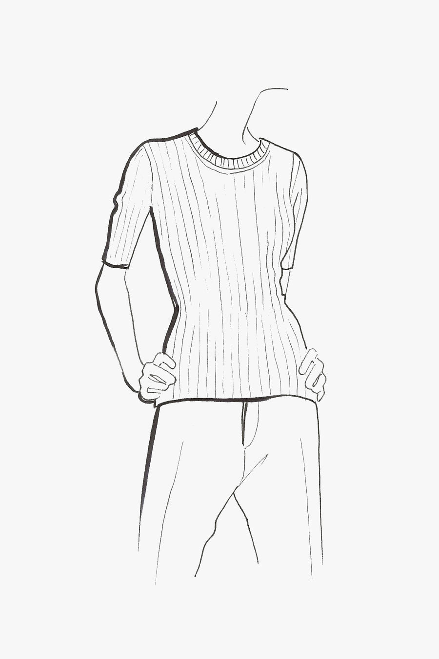 Cashmere Ribbed Pullover with Short Sleeves and Crewneck - sketch