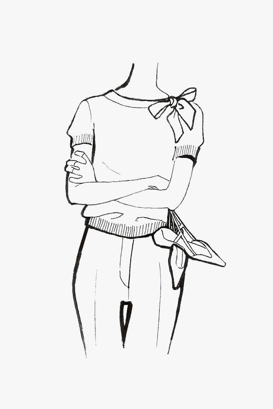 Cashmere and Silk Blend Pullover with Short Sleeves and Tie Neck - sketch