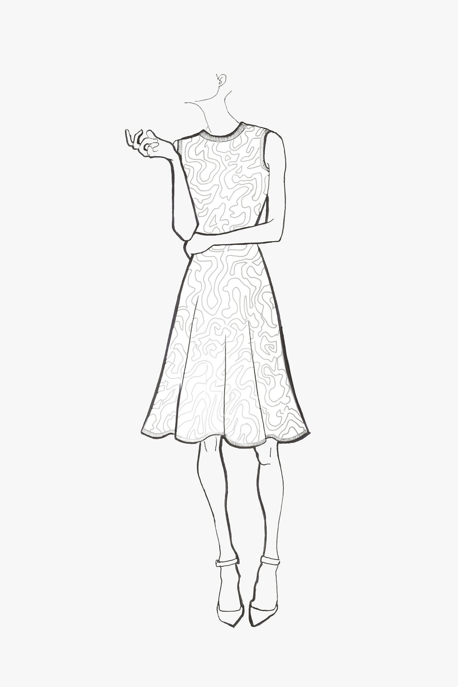 Knit Structured Flared Sleeveless Dress with Crewneck - sketch