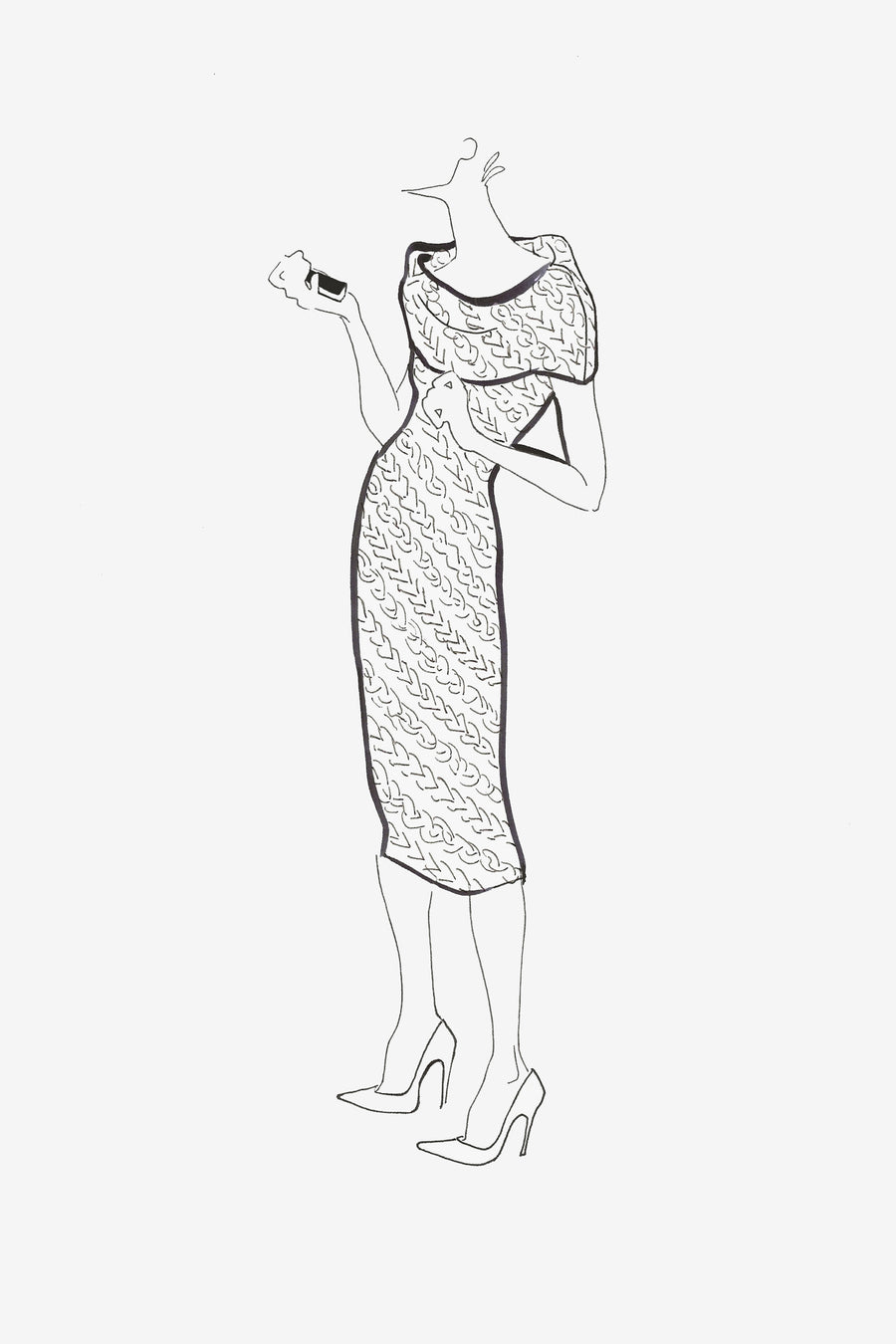 Jacquard Knit Structured Sleeveless Dress with High Collar - sketch