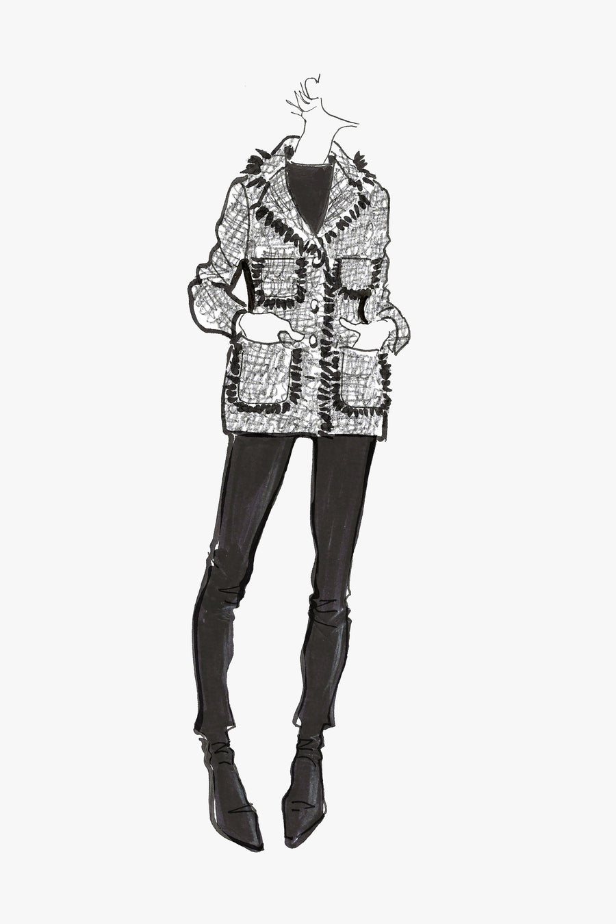 Winter Tweed Long Jacket with a Notch Collar - Sketch