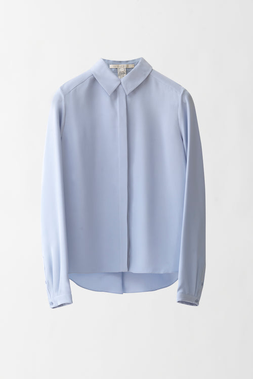 Silk Collared Shirt with Short Front and Mother-Pearl Buttons - sky blue - front