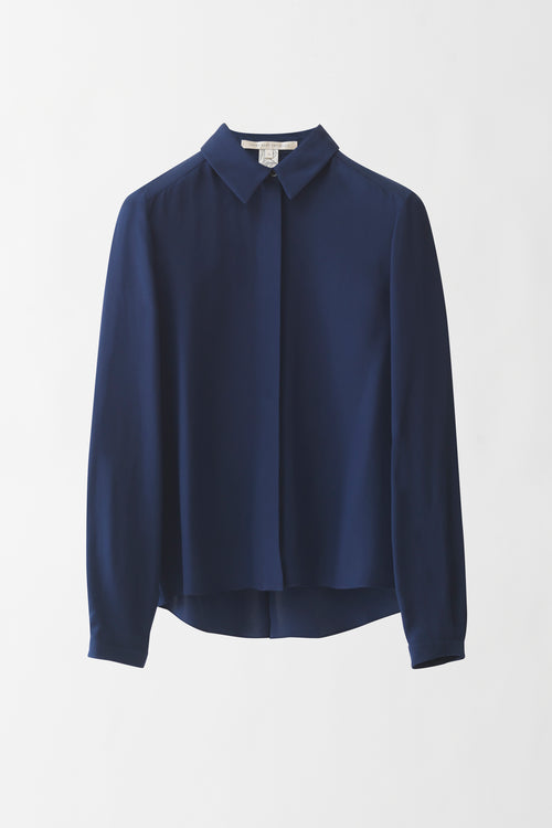 Silk Collared Shirt with Short Front and Mother-Pearl Buttons - midnight blue - front
