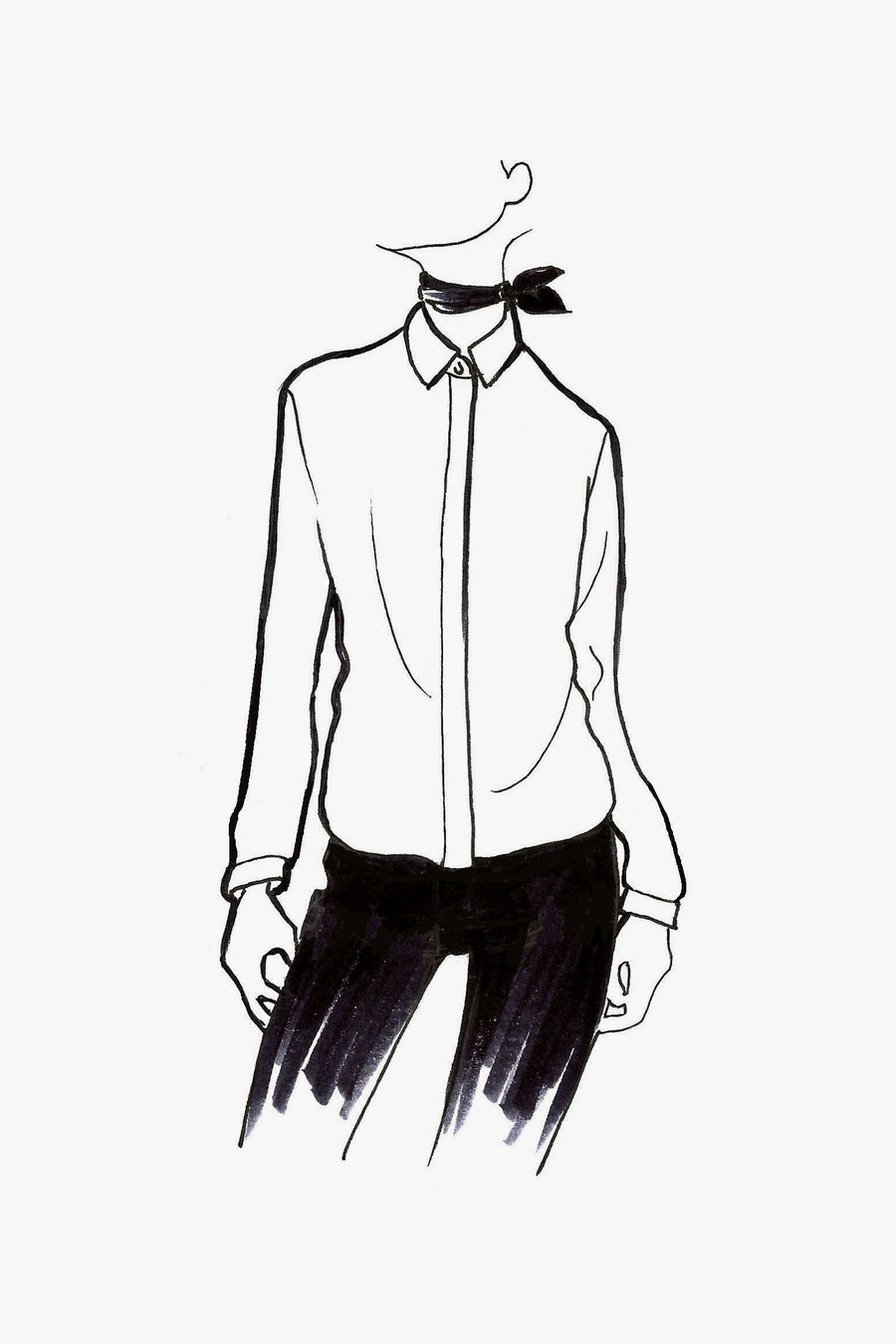 Silk Collared Shirt with Short Front and Mother-Pearl Buttons - sketch