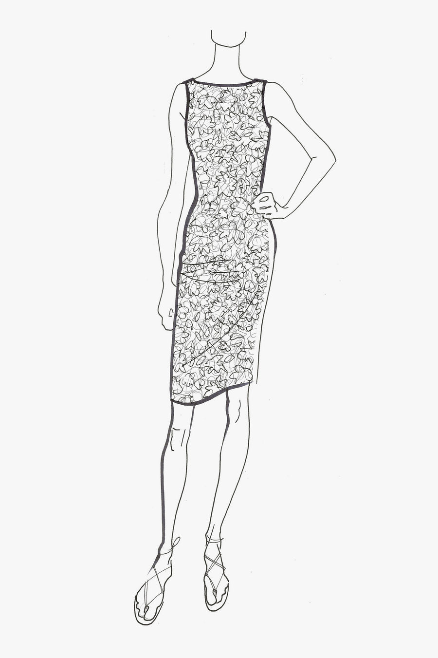Lace Straight Sleeveless Dress with Boatneck - sketch