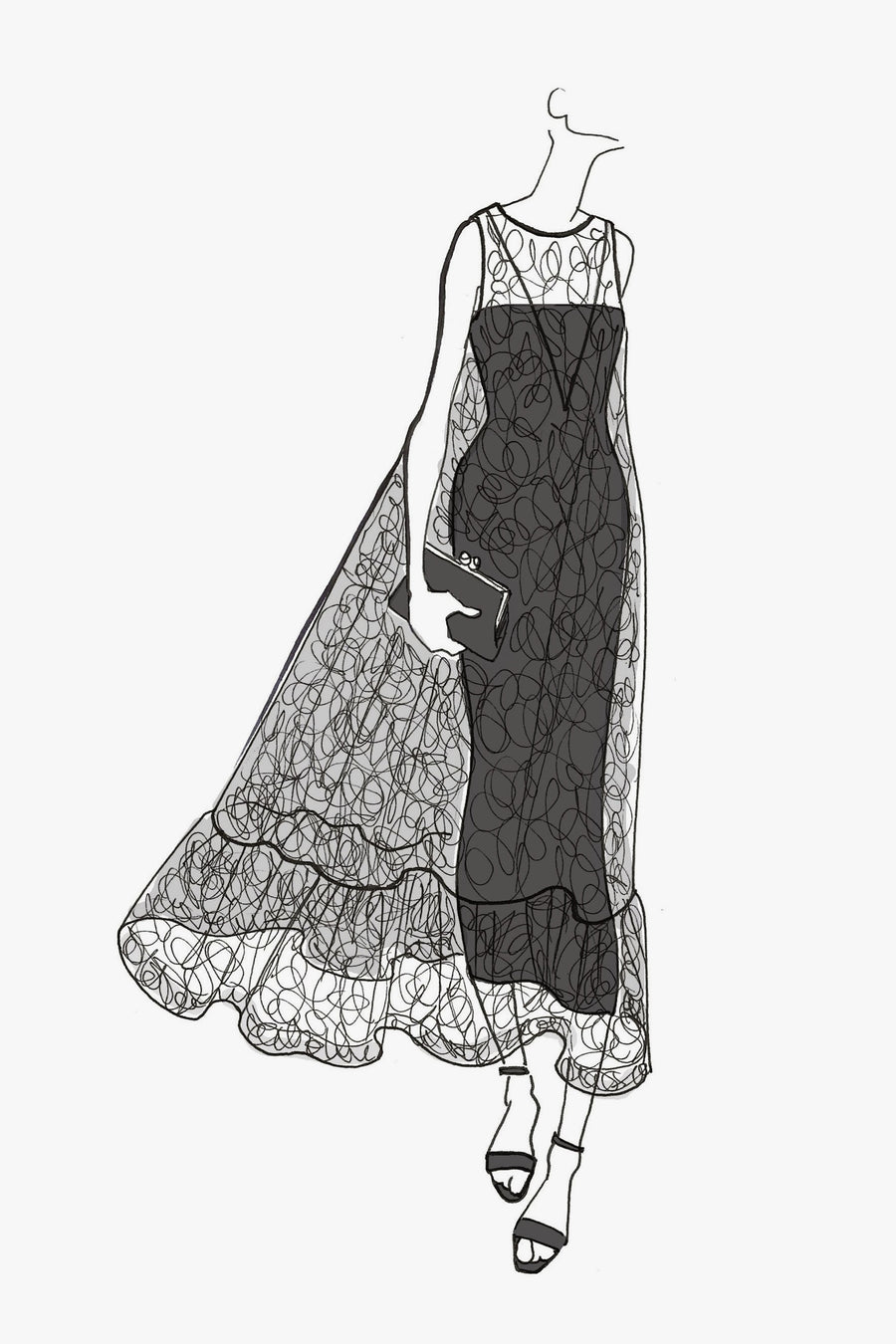 Black Lace Long Trapeze Dress with Boatneck - sketch